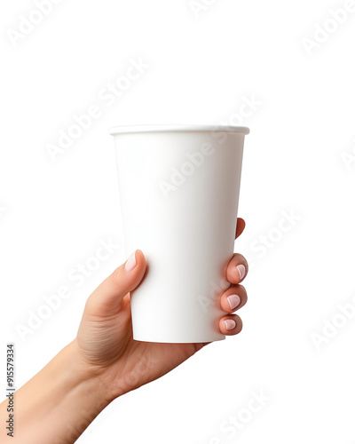 Hand Grasping a Plain White Paper Cup Against a transparent Background