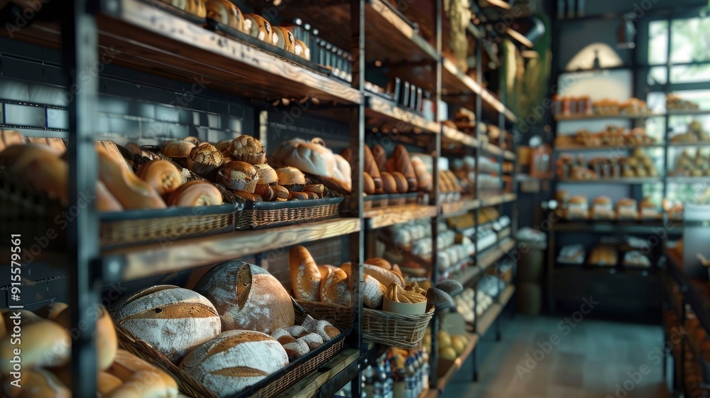 A vibrant bakery with shelves full of fresh bread and pastries.