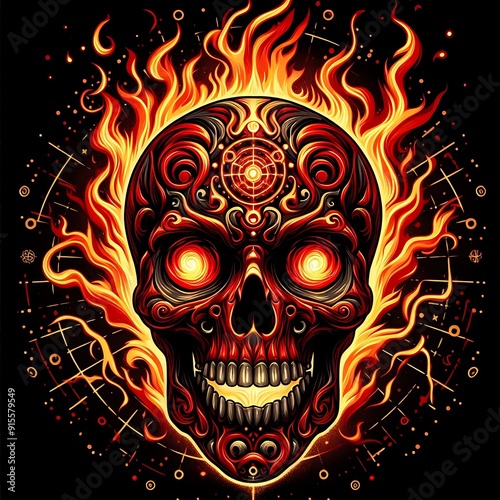 Vector illustration of a ghost skull with a flaming ball of fire.
