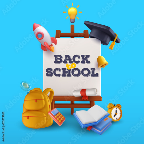 Wood easel with graduation cap, backpack, books, rocket, bell. Back to school composition for background banner, cover, poster. Learning supplies in 3d style and doodle elements. Vector illustration.