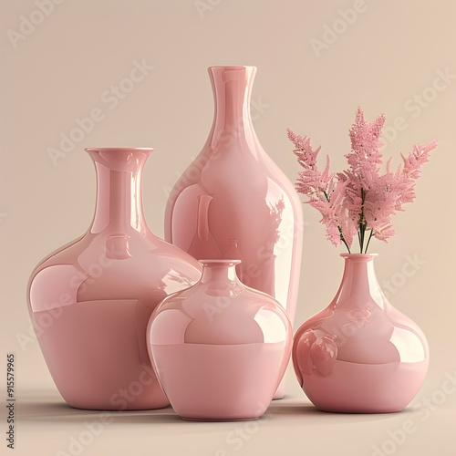 a photorealistic image of a group of modern dusky pink celadon-style pots on a plain background. Begin by selecting or photographing real pots as a reference for the shape and style. Pay close attenti photo