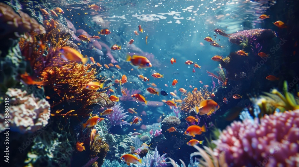 A vibrant coral reef with a school of fish swimming through. A vibrant coral reef with a school of fish swimming through.
