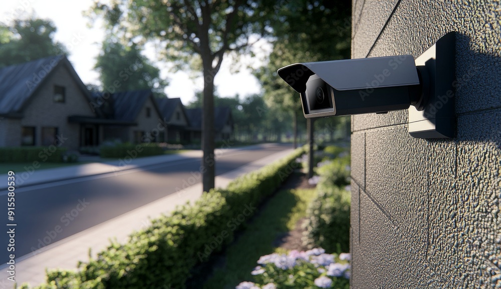 Outdoor home security camera mounted on the side wall, with a view into a well landscaped front yard Outdoor home security camera mounted on the side wall, with a view into a well landscaped front yard