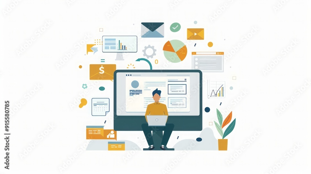 Businessman Working on Laptop with Charts and Emails Businessman Working on Laptop with Charts and Emails