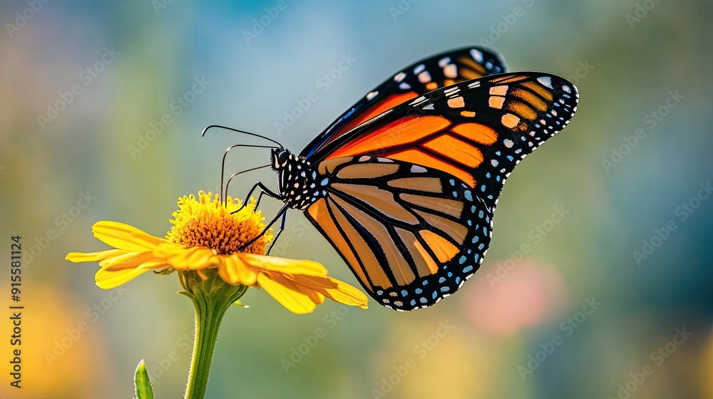 Obraz premium A close-up of a vibrant monarch butterfly perched on a bright yellow flower, with its wings fully spread, against a blurred garden background.