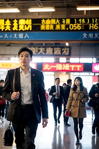 A Korean man leaving metro station with full of stress and burden 