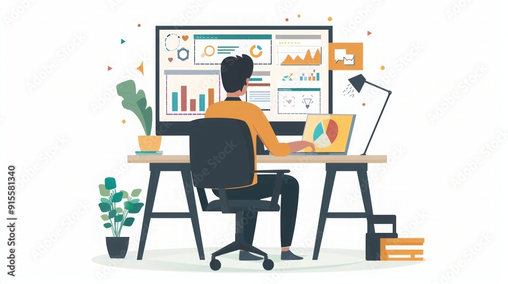 Fototapeta premium Businessman Working on Data Analysis and Charts on Laptop and Desktop