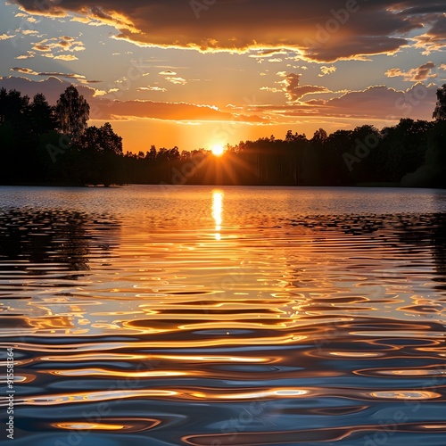 A peaceful sunset over a calm lake, with reflections of the golden sky and trees on the water.

