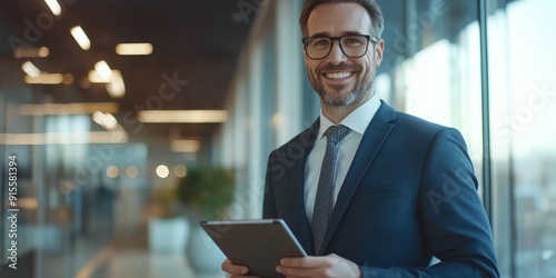 A businessman holding a tablet, great for corporate or office use