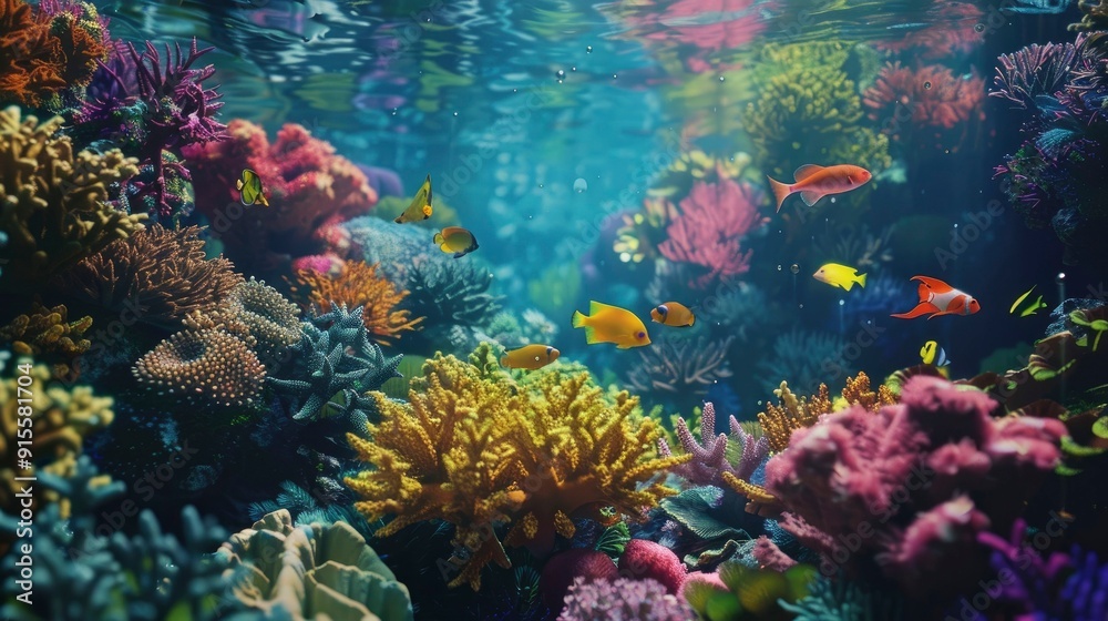 A vibrant coral reef with various species of colorful marine life. A vibrant coral reef with various species of colorful marine life.