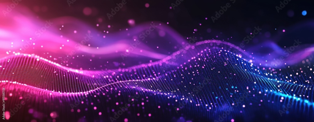 Abstract digital wave with glowing dots and lines on a dark background Abstract digital wave with glowing dots and lines on a dark background