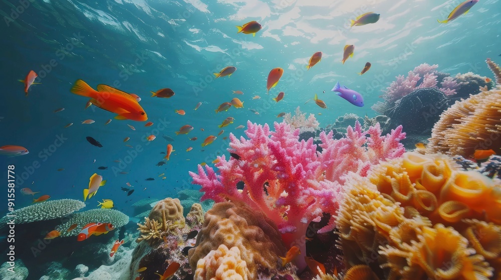 Naklejka premium A vibrant coral reef with various species of colorful fish.
