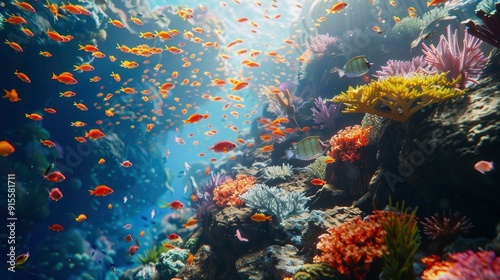 A vibrant coral reef with various species of colorful fish.