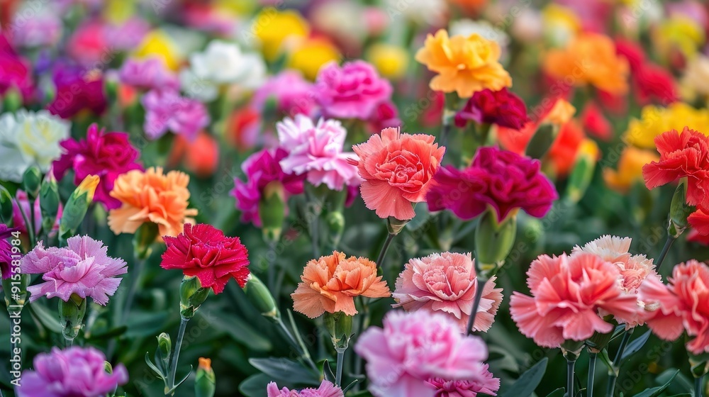A vibrant field of colorful carnations, their ruffled, layered petals in a variety of hues, creating a visually striking and elegant display A vibrant field of colorful carnations, their ruffled, layered petals in a variety of hues, creating a visually striking and elegant display