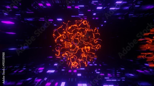 3d object or structure rotates and moves inside glass mirror tunnel with neon light, bright reflections. Ball. Fantastic abstract bg looped in 4k. Vj for show. Sci fi bg fly through hi tech tunnel photo