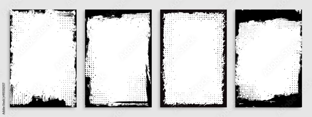Grunge frame set with overlay paint brush stroke and halftone for photo collage, fashion post and social media business banner. Vintage frame pattern or comic border layout with watercolor texture art