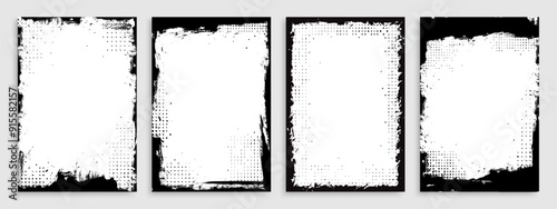 Grunge frame set with overlay paint brush stroke and halftone for photo collage, fashion post and social media business banner. Vintage frame pattern or comic border layout with watercolor texture art