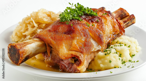 Roasted pork knuckle being served with mashed potatoes and sauerkraut