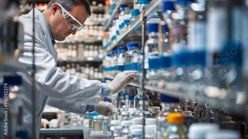 Scientist working in a pharmaceutical lab with protective gear