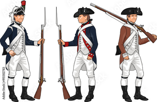 Set of Three American Soldiers in Uniforms of Various Regiments from American Revolutionary War Holding Muskets or Rifles, Illustration Isolated on White Background, EPS 10 Vector