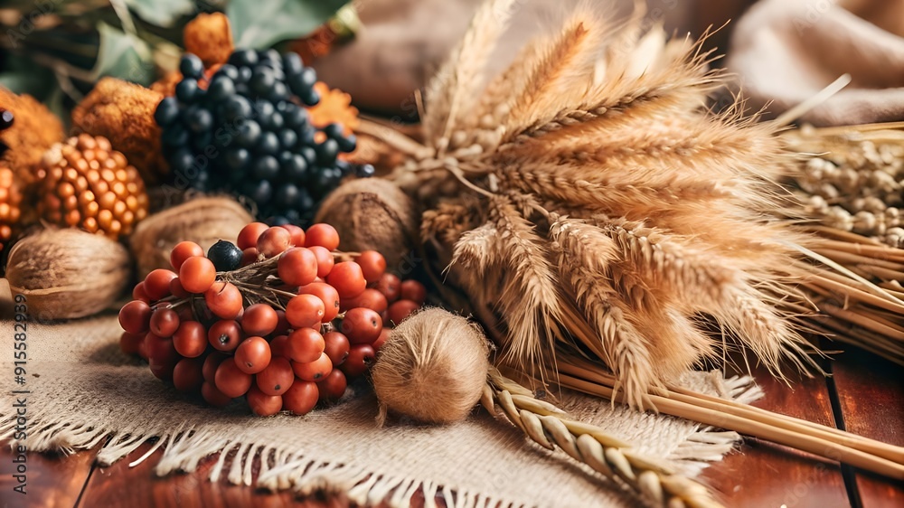 Obraz premium harvest and Thanksgiving autumn background, featuring Cereal grains wheat with copy space