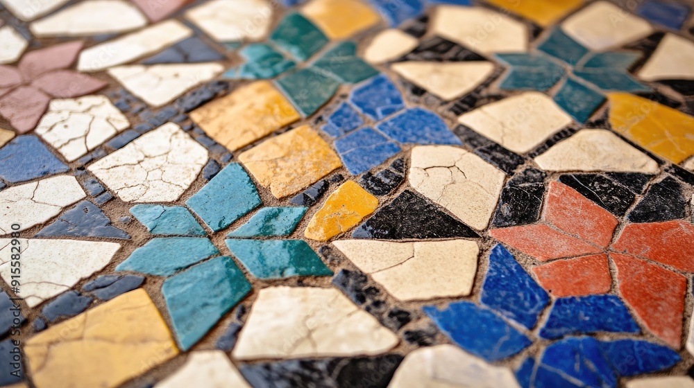 Obraz premium Close-up of an intricate mosaic tile pattern with geometric shapes in vibrant colors, reflecting traditional craftsmanship. Symmetrical design with a focus on texture and detail.