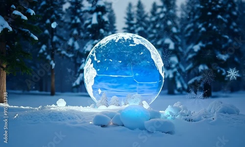 Frozen Earth in Winter Wonderland: A crystal-clear, icy globe representing Earth nestled amidst a snowy forest, illuminated by the ethereal glow of moonlight, evokes a sense of global winter and envir photo