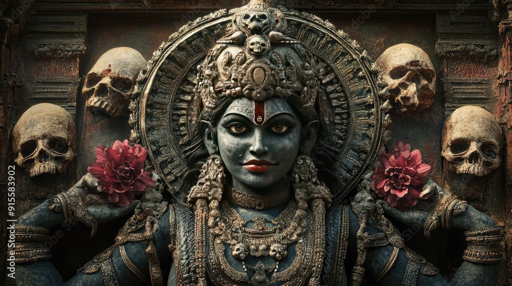 Intricate statue of Goddess Kali with a fierce expression, adorned with skulls and jewelry, against a backdrop of ancient temples. Intricate statue of Goddess Kali with a fierce expression, adorned with skulls and jewelry, against a backdrop of ancient temples.