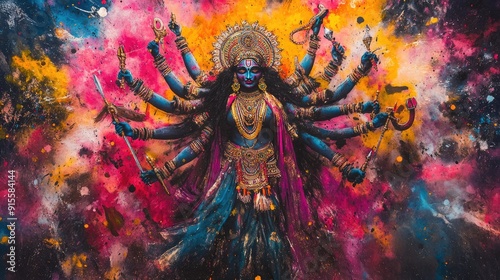 Majestic portrayal of Goddess Kali in vibrant colors, with her many arms holding weapons, standing on a battlefield, surrounded by auras of power.