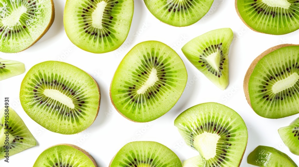 Fototapeta premium Kiwi halves with a few slices artfully scattered, focusing on the intricate details of the fruit's texture. Set against a pure white background for a fresh look