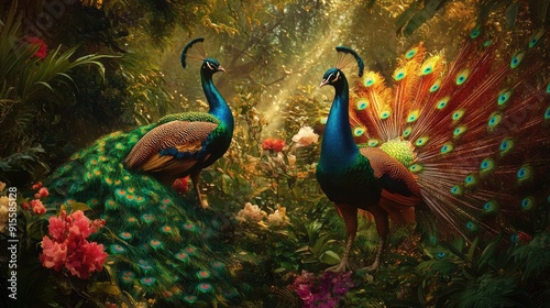 Two peacocks displaying their vibrant feathers in a lush garden, with one in full display and the other calmly watching.