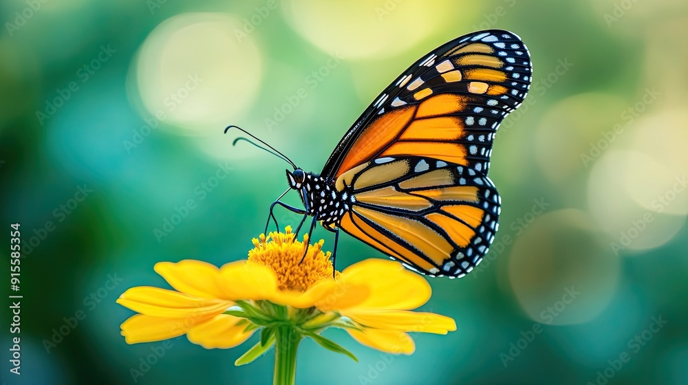 Obraz premium A close-up of a vibrant monarch butterfly perched on a bright yellow flower, with its wings fully spread, against a blurred garden background.