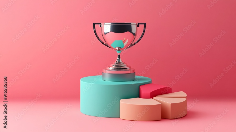 A shiny trophy stands on colorful podiums with a segmented pie chart, set against a pink background, representing success and data visualization. A shiny trophy stands on colorful podiums with a segmented pie chart, set against a pink background, representing success and data visualization.