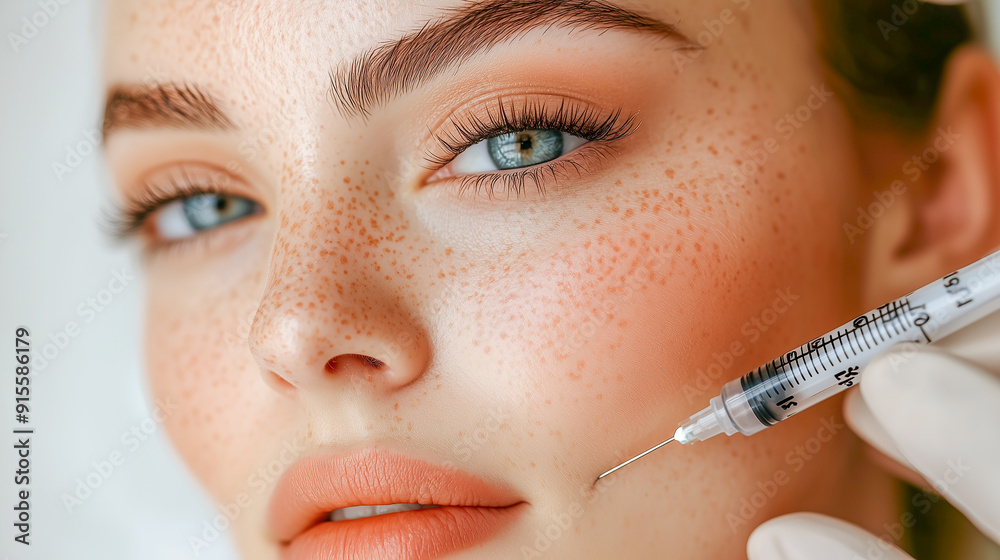 Hyaluronic acid injection into nasolabial folds and wrinkles around the mouth in a beauty salon. A young girl gets a beauty injection, a cosmetologist holds a syringe with filler. Cosmetic procedures,