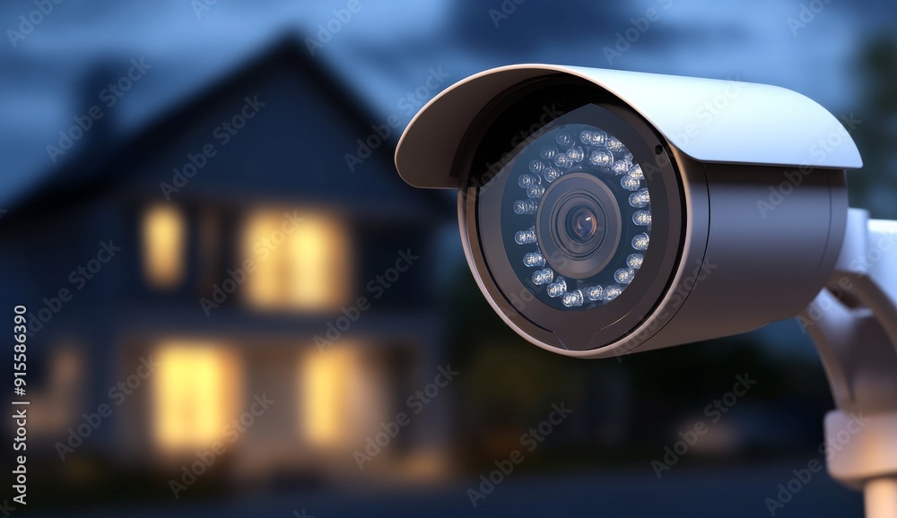 Outdoor security camera mounted on the side wall, overlooking a residential building at night. Outdoor security camera mounted on the side wall, overlooking a residential building at night.