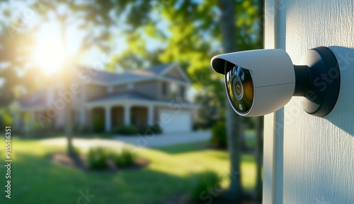 Outdoor security camera mounted on the side wall, overlooking a residential building at night.