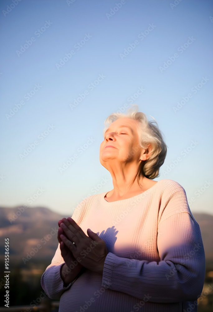 Serene Elderly Woman Praying in Sunlight Serene Elderly Woman Praying in Sunlight