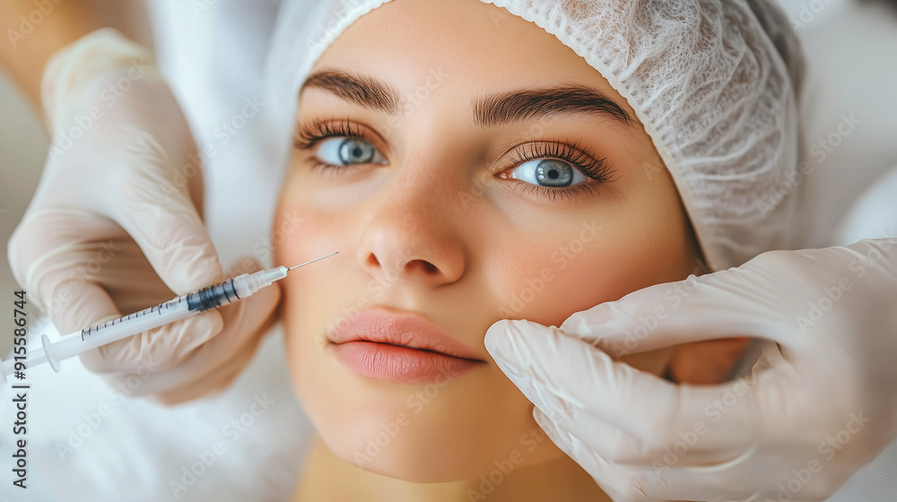 Hyaluronic acid injection into nasolabial folds and wrinkles around the mouth in a beauty salon. A young girl gets a beauty injection, a cosmetologist holds a syringe with filler. Cosmetic procedures, Hyaluronic acid injection into nasolabial folds and wrinkles around the mouth in a beauty salon. A young girl gets a beauty injection, a cosmetologist holds a syringe with filler. Cosmetic procedures,