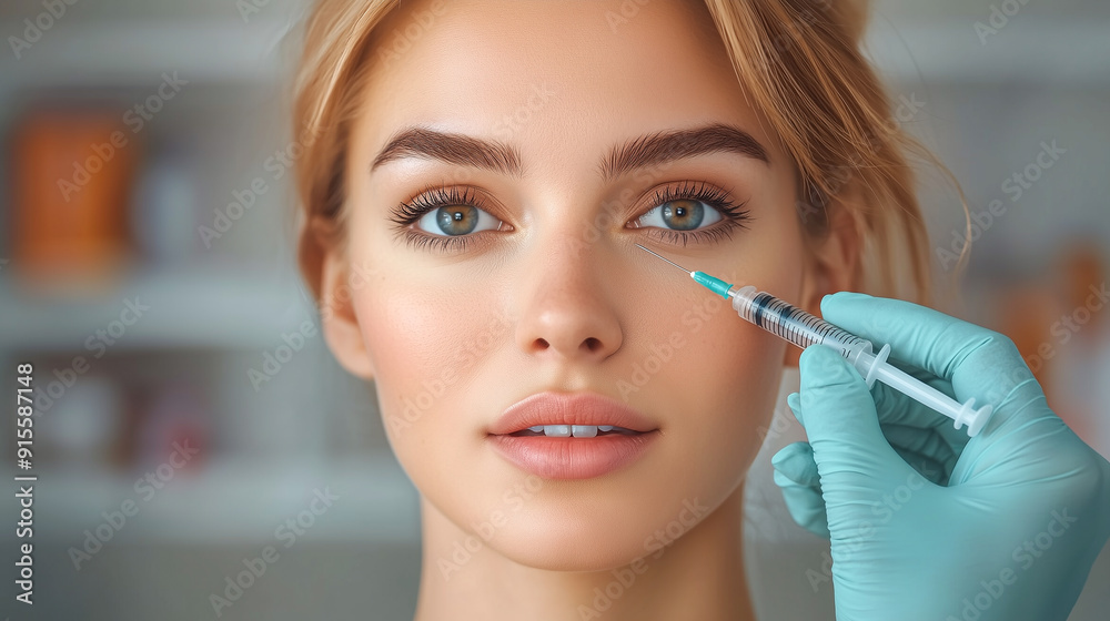 Beauty injection in the area around the eyes. Gloved hands of a beautician giving a rejuvenating injection against