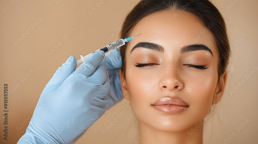 A cosmetologist makes a Botox injection into the forehead area of a young woman on a beige background with copy space. Cosmetic procedure for wrinkles.