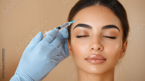 Obraz na płótnie A cosmetologist makes a Botox injection into the forehead area of a young woman on a beige background with copy space. Cosmetic procedure for wrinkles. w salonie