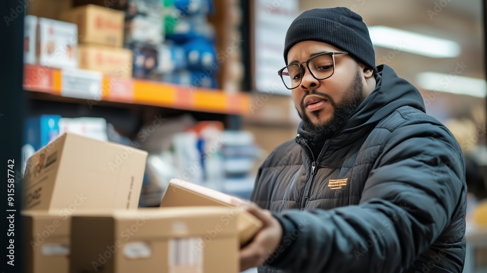 A man sorts packages in a bustling warehouse during the busy afternoon shift A man sorts packages in a bustling warehouse during the busy afternoon shift