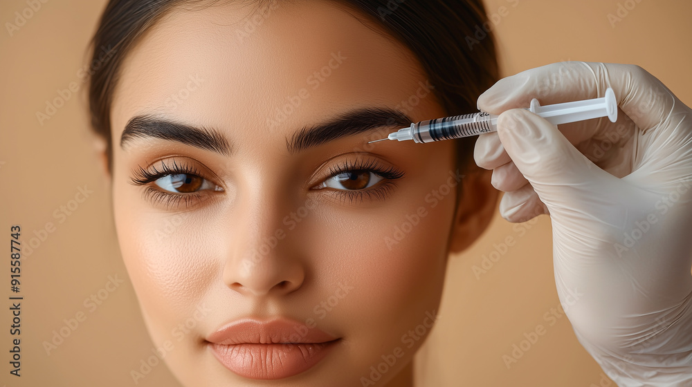 Beauty injection in the area around the eyes. Gloved hands of a beautician giving a rejuvenating injection against Beauty injection in the area around the eyes. Gloved hands of a beautician giving a rejuvenating injection against