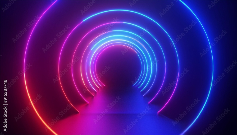 Abstract neon tunnel with concentric lights creating a vibrant, modern atmosphere emphasizing futuristic design and colorful illumination