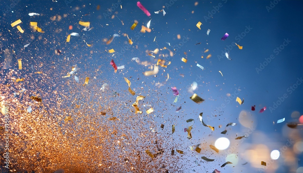 Colorful confetti raining down against a blue background, capturing a festive and celebratory atmosphere with sparkling effects Colorful confetti raining down against a blue background, capturing a festive and celebratory atmosphere with sparkling effects
