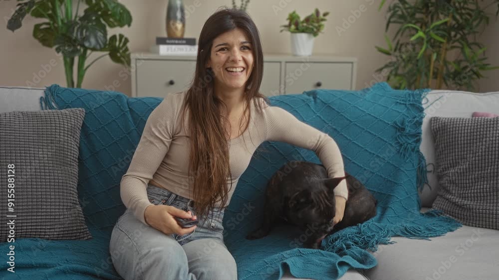A young woman sits indoors on her couch with a remote control, smiling and petting her french bulldog in a cozy living room filled with plants and cushions. A young woman sits indoors on her couch with a remote control, smiling and petting her french bulldog in a cozy living room filled with plants and cushions.