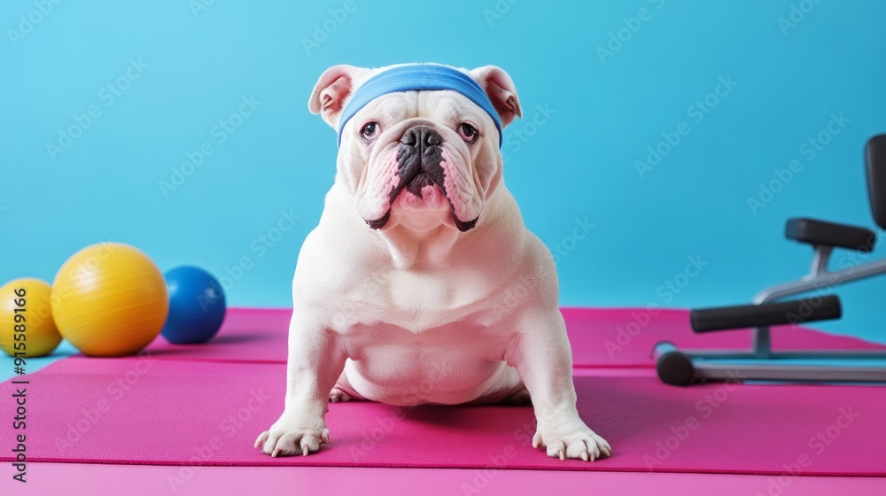 Muscular bulldog is posing on a pink yoga mat in a gym setting, surrounded by fitness equipment. He is wearing a blue headband