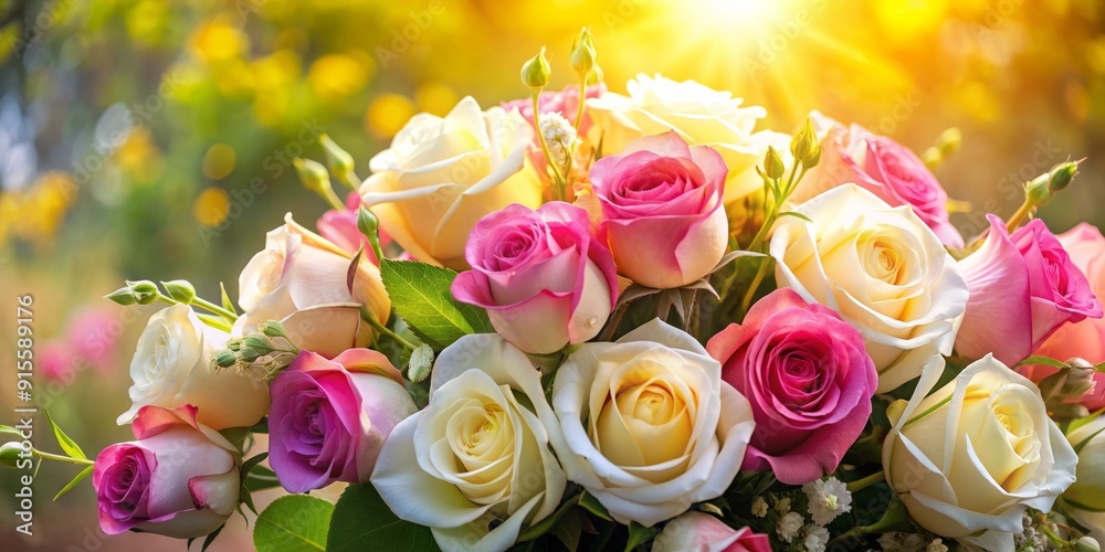 Vibrant pink, white, and yellow roses and delicate buds bask in warm midday sunlight, set against a soft, blurred floral backdrop, perfect for romantic gestures. Vibrant pink, white, and yellow roses and delicate buds bask in warm midday sunlight, set against a soft, blurred floral backdrop, perfect for romantic gestures.