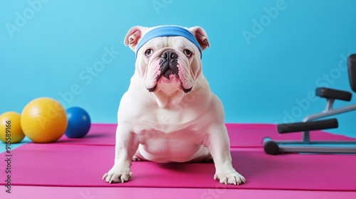 Obraz na płótnie Muscular bulldog is posing on a pink yoga mat in a gym setting, surrounded by fitness equipment. He is wearing a blue headband w salonie