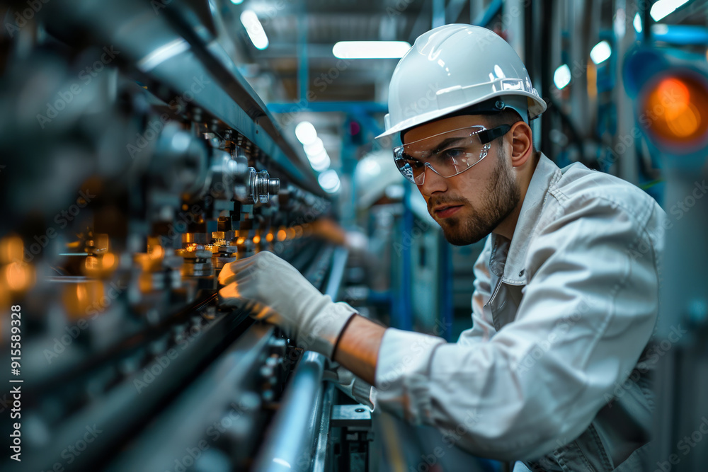 Young male engineer wearing safety gear inspecting machinery in an industrial plant Young male engineer wearing safety gear inspecting machinery in an industrial plant